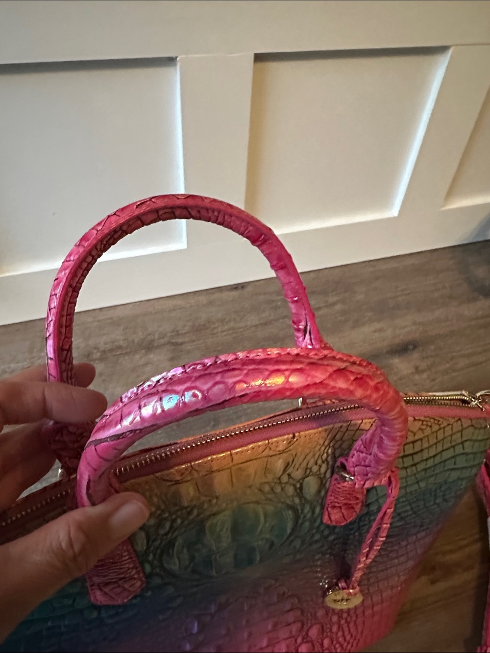 Brahmin Pink Teal Ombre Croc-Embossed Satchel - Picture 8 of 9